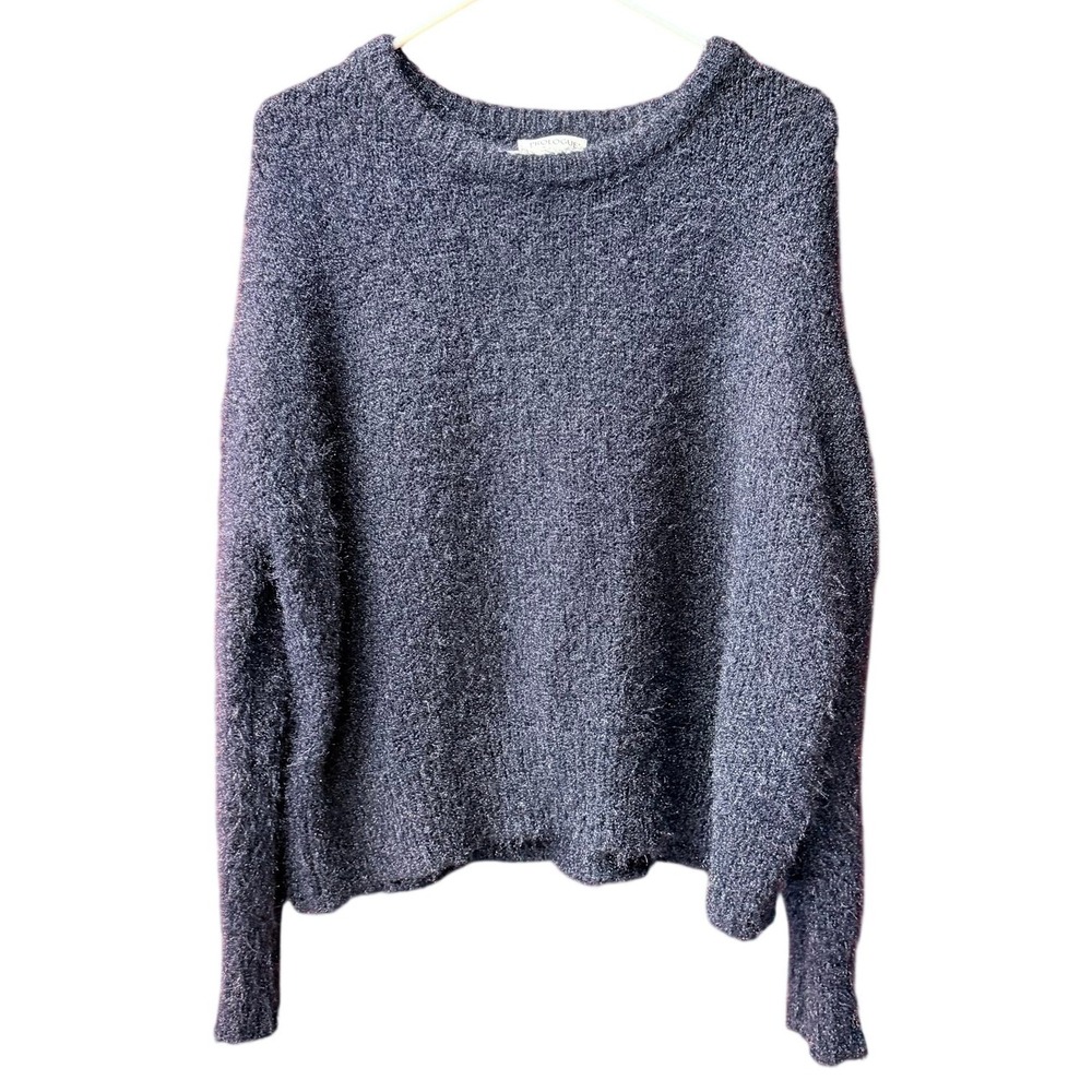 Prologue Sweater Women Medium Navy Blue Fuzzy Eyelash Knit Crewneck Relaxed Fit